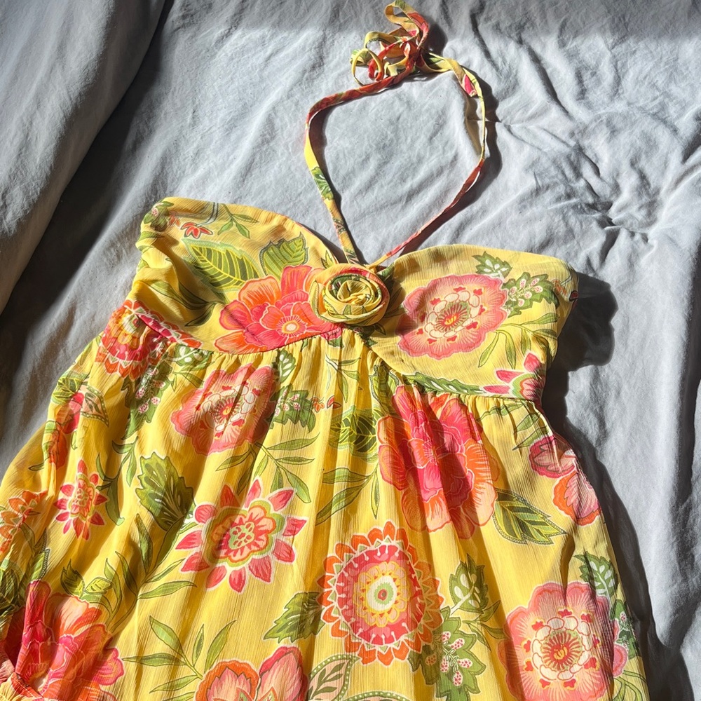 Floral Halter Dress with Yellow and Pink Accents